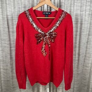 Le Chois Sweater Red Womens Large Silk Angora Sequin Bow Holiday Vintage